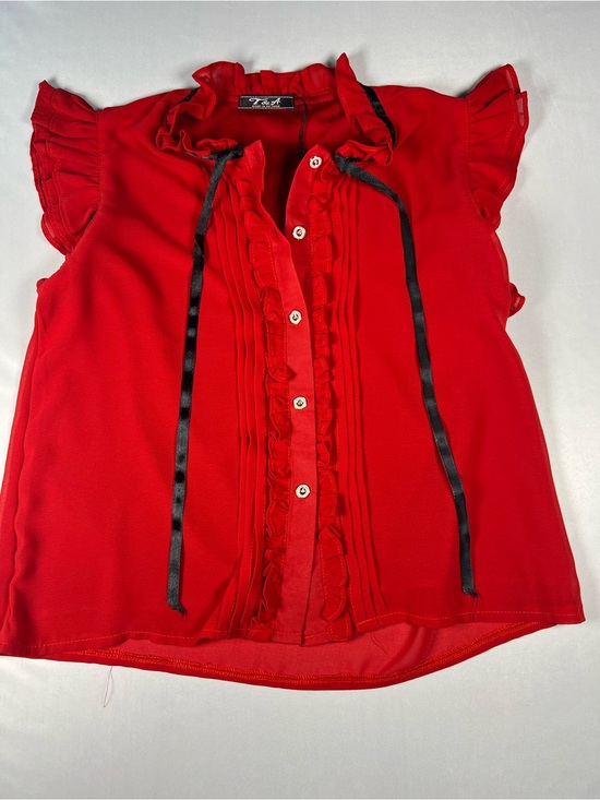 t&a Tops - Z& A Red Ruffle Blouse with Black Ribbon Detail